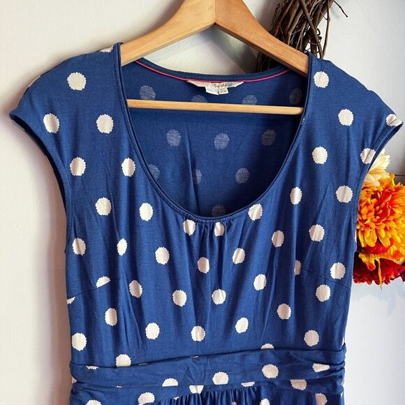 Bardot Margot Polka Dot Scoop Neck Dress 8L Blue White Ruched Waist - Picture 3 of 11